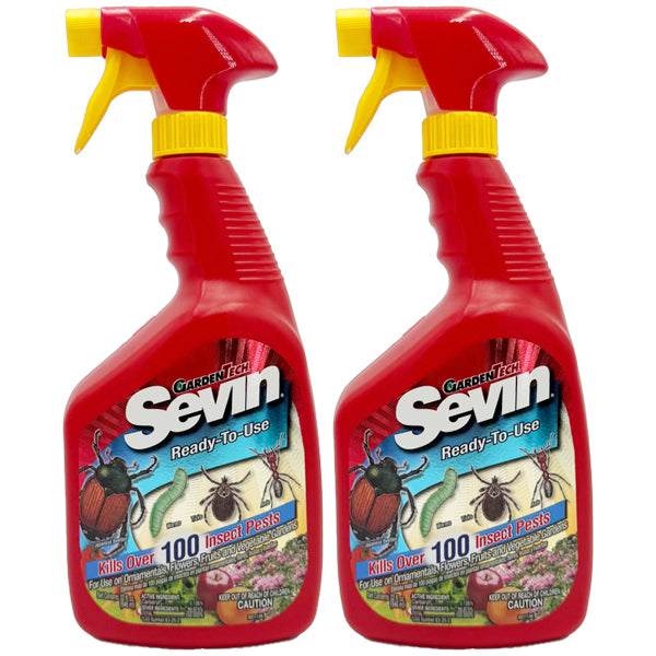 Two 32oz bottles of GardenTech Sevin Ready To Use Insect Killer, 2 pack, control over 100 insect pests. Each red bottle features a yellow spray nozzle and images of insects on the label for dependable garden pest protection.